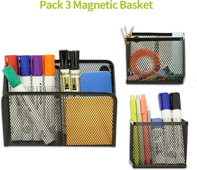 Neudeco Locker Shelf Organizer, Magnetic Pencil Holder, Metal Storage Basket for Whiteboard, Refrigerator, Ideal Cabinet for School, Black (Pack 3L)-Ruum Studio Home