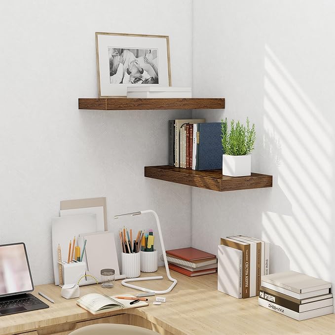 Fun Memories 24 Inch Floating Shelves Wall-Mounted, 10 Inch Deep Wall Shelves, 24 x 10 Floating Shelf for Living Room Bathroom Bedroom, Rustic Brown, Set of 2-Ruum Studio Home