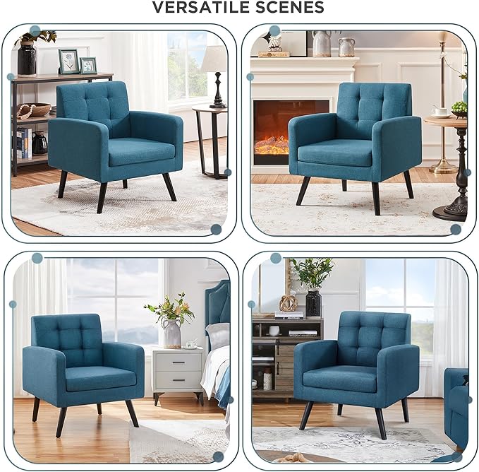 Yaheetech Mid-Century Accent Chairs, Modern Upholstered Living Room Chair, Cozy Armchair Button Tufted Back and Wood Legs for Bedroom/Office/Cafe, Set of 2, Navy Blue-Ruum Studio Home