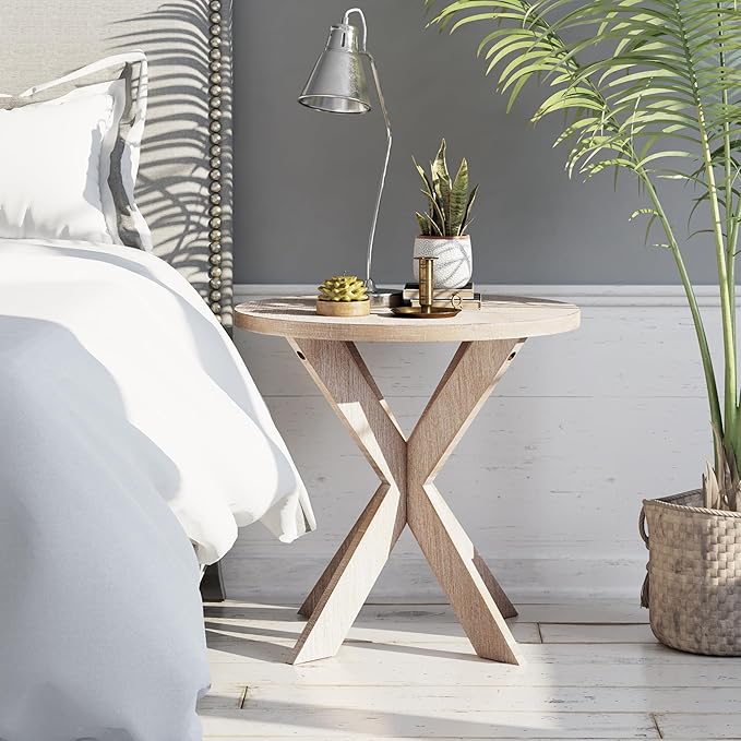 Farmhouse Cross Leg end Table, French Country Accent Side Table for Family, Dinning or Living Room, Small Spaces, Modern, Round, Vintage Grey Finish.-Ruum Studio Home