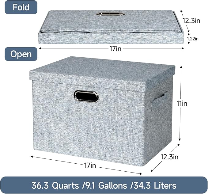 Large 17" 36 Quart Collapsible Stackable Storage Bins with Lids, 3 Packs Blue-Grey Linen Fabric Closet Boxes with Lids, Storage Cube Baskets Container Organizers for Bedroom (17x12x11)-Ruum Studio Home