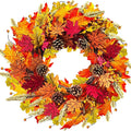 Fall Wreaths for Front Door, 24" Autumn Wreath with Berry Wood Maple Leaves and Pine Cones, Orange Thanksgiving Wreath for Outside Indoor Wall Window Home Festival Decor-Ruum Studio Home