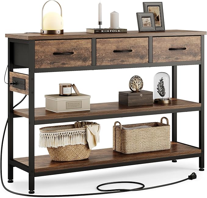 Lulive Entryway Table with Power Outlets, Console Table with 3 Fabric Drawers, Sofa Table for Living Room, Hallway, Couch, Foyer, Height Adjustable (Rustic Brown, 43")-Ruum Studio Home