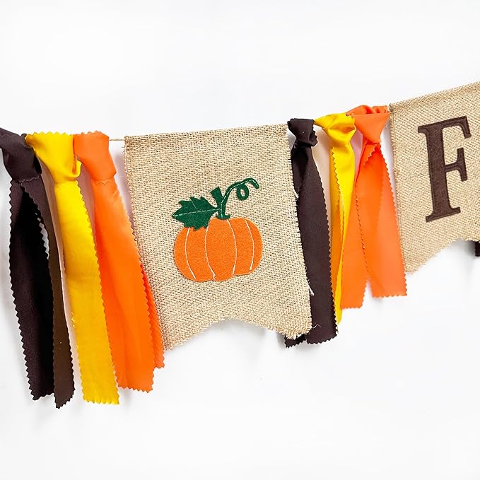 Happy Fall Pumpkin Burlap Pennant Banner Flag Felt Happy Fall Sign and Pumpkin Pattern with Fall Color Ribbon for Fall Autumn Harvest Thanksgiving Day Birthday Baby Shower Party Decorations Supplies-Ruum Studio Home