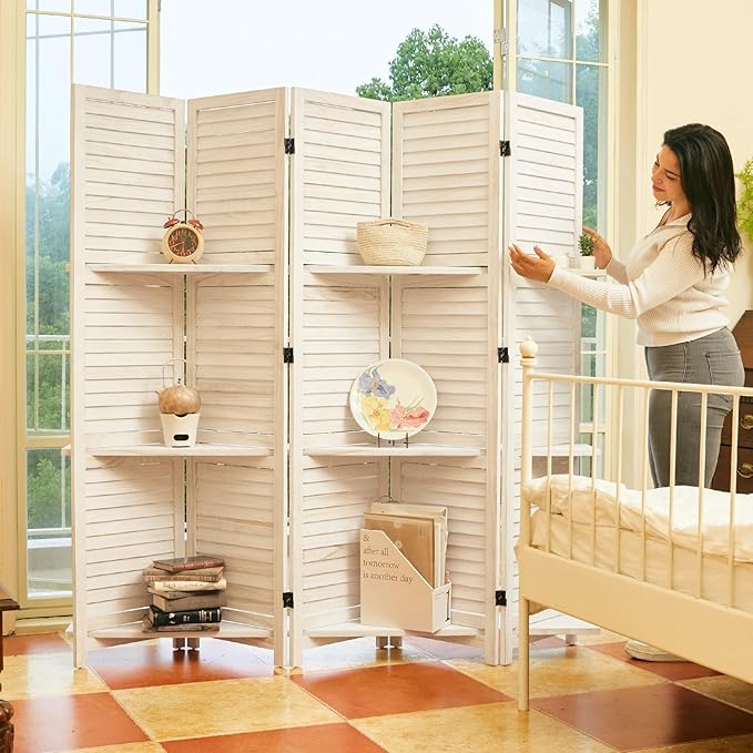 Partition Room Dividers, Folding Wood Privacy Screen with Three Display Shelves Suitable for Home Office, Study, Art Display - 5 Panel, 67 * 64inch (White-Washed)-Ruum Studio Home