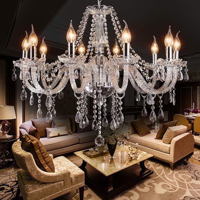 LIUMANG Modern Elegant 10 Lights K9 Crystal Glass Chandelier Pendant Ceiling Lighting European Style for Dining Living Room Bedroom Transparent, 10 E12 Bulbs Required-Ruum Studio Home
