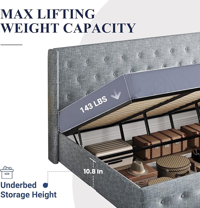 Allewie King Size Lift Up Storage Bed, Button Tufted Headboard with Wingback, Hydraulic Support, No Box Spring Needed, Grey Blue-Ruum Studio Home