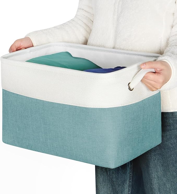 Kntiwiwo Foldable Storage Bins 15" x 10" x 9.5" Fabric Storage Basket Cube with Handles Large Linen Closet Organizer Bins for Organizing Shelf Home, Set of 3, Teal-Ruum Studio Home
