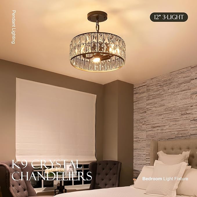 12” 3-Light Modern Crystal Chandeliers Black Dinning Room Light Fixture, Round Pendant Light Kitchen Island Chandelier, Flush Mount Ceiling Light for Living Room Entryway Bedroom Foyer-Ruum Studio Home