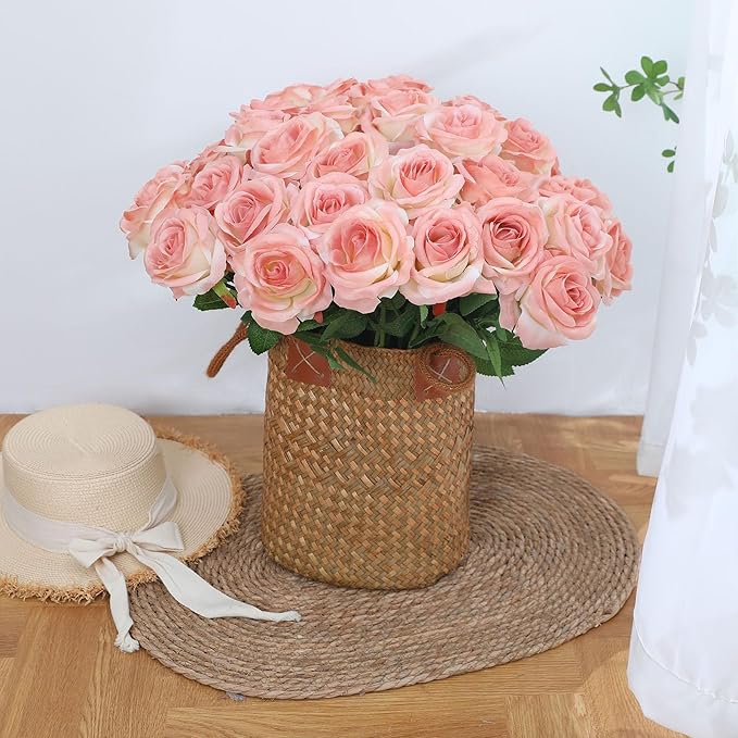 Pink Fake Roses Artificial Flowers - 10 Pcs Fake Artificial Roses Silk Flowers with Stems for Home Wedding Hotel Office Centerpiece Decor（Gradient Pink）-Ruum Studio Home