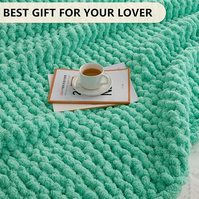 L'AGRATY Chunky Knit Blanket Throw: 50''x60'' Chenille Chunky Knitted Throw Blanket for Bed Couch - Handmade Thick Big Cable Knit Blanket - Large Crochet Rope Blanket for Home Decor(Aqua)-Ruum Studio Home