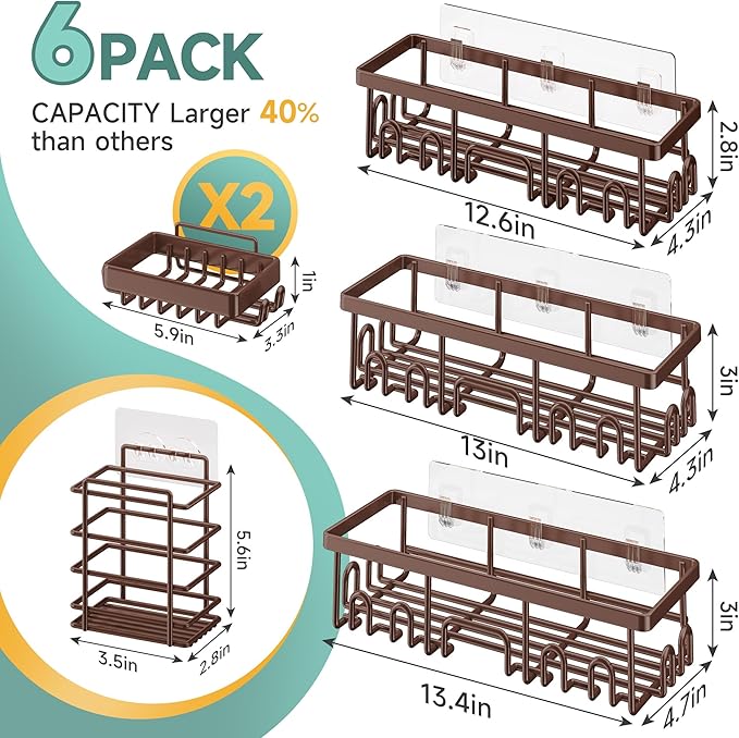 Veken Shower Caddy 6-Pack, No Drilling & Rustproof, Waterproof Adhesive Shelves Rack with Soap Holder, Large Capacity Bathroom Organizers and Storage, Wall-Mounted Kitchen & Home Decor-Ruum Studio Home