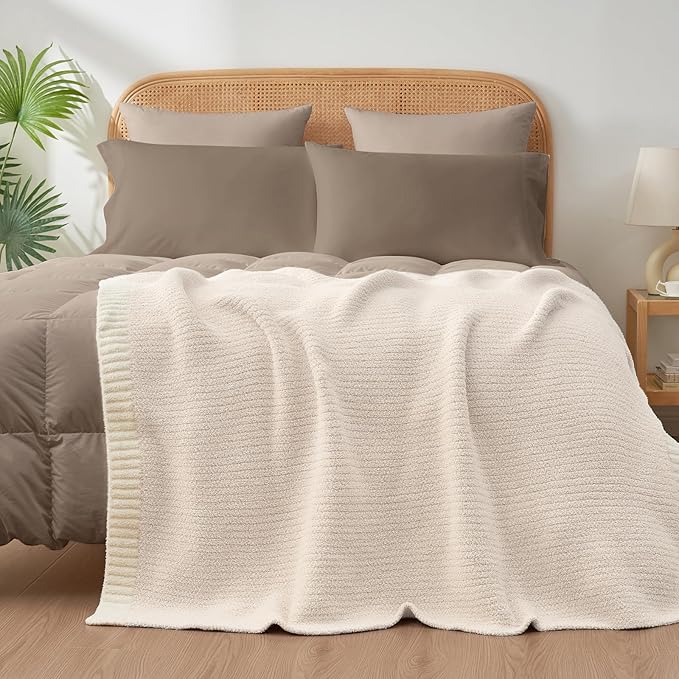 Snuggle Sac Heather Ivory Oversized Throw Blanket for Couch, Super Soft Warm Blankets Cozy Knit Fuzzy Lightweight Throw XL for Sofa, Bed, Heather Ivory, 50x 70 inches-Ruum Studio Home