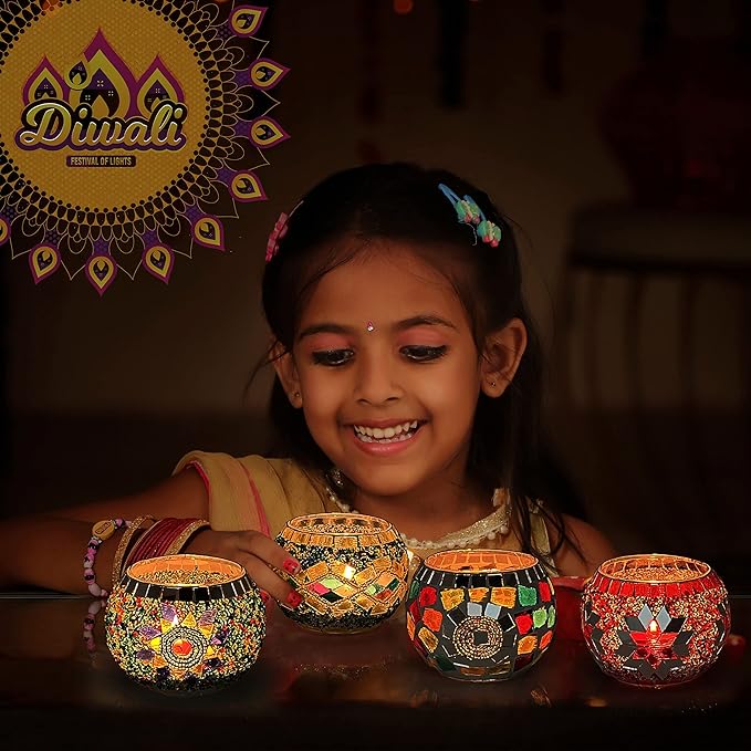 SHMILMH Glass Candle Holder Set of 4, Diwali Gift Votive Candle Holders Handmade Mosaic Glass Tealight Holders Diwali Christmas Table Decorations for Home-Ruum Studio Home