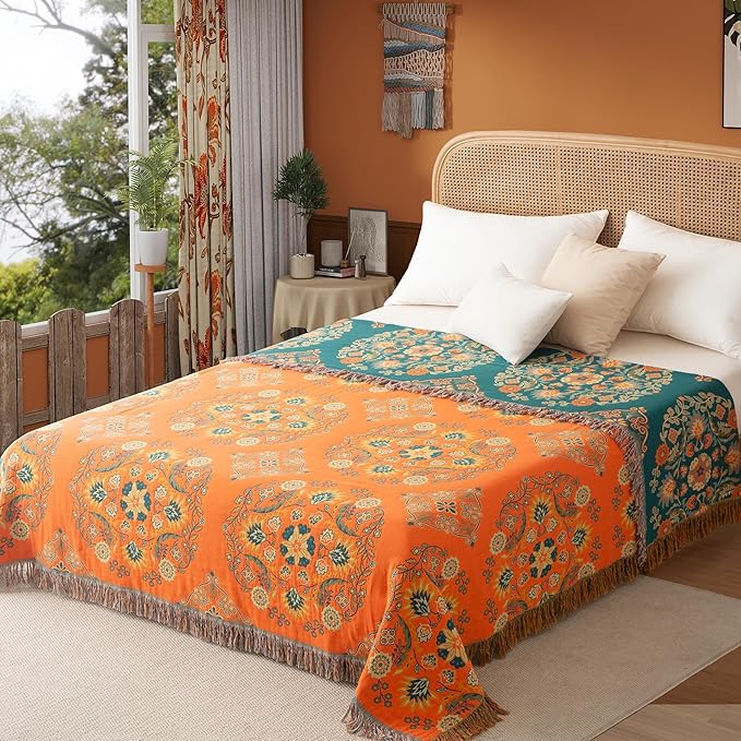 Boho Throw Blanket Queen Size, Oversized Soft Cozy Cotton Muslin Quilt Blanket for Bed Decor, Floral Patterned Couch Sofa Chair Cover, Vintage Farmhouse Cottage Woven Blanket, Orange&Green-Ruum Studio Home
