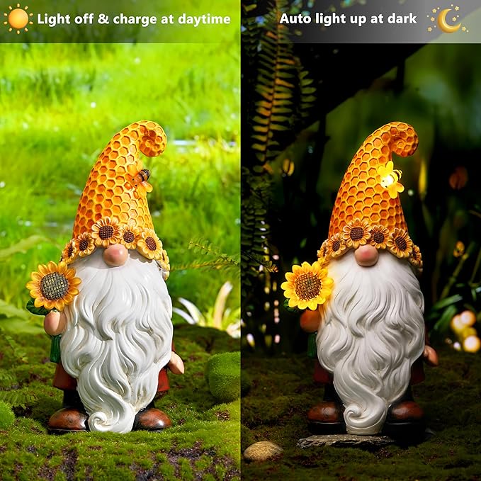 Garden Gnomes Outdoor - Sunflower Gnome Statue with Solar LED Lights for Yard, Patio, Lawn Ornaments - Best Garden Gifts for Mothers Day, Housewarming, Festival-Ruum Studio Home
