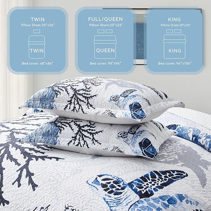Coastal Bedding Twin Size Coastal Quilt with Shams, Nautical Beach Comforter Sets Ocean Bedspreads Blue Seaturtle Coverlet Summer Bedding, 68''x86''-Ruum Studio Home