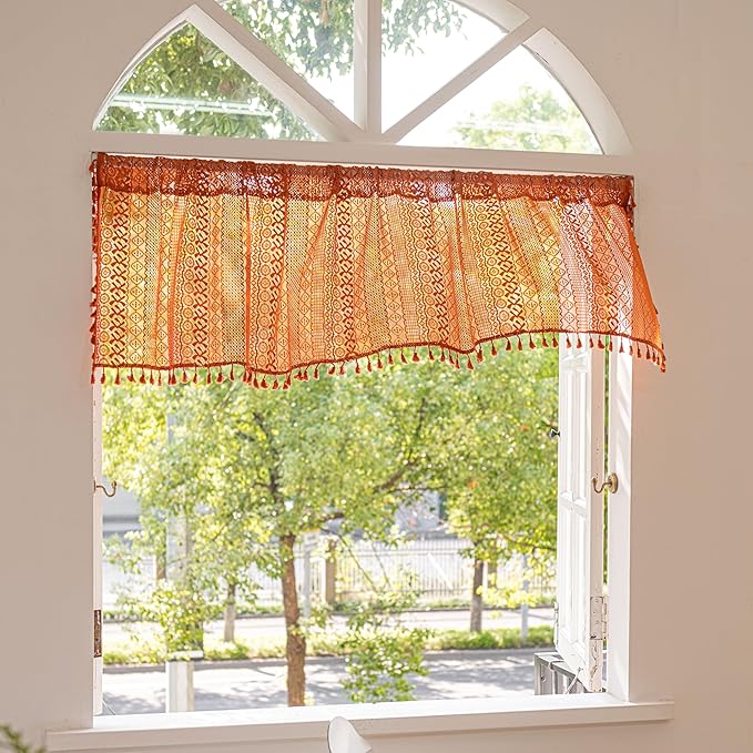 Sutuo Home Terracotta Boho Curtains Crochet Sheer Bohemian Hollow Knitted with Tassels, Valance Short Tier Privacy Vintage Rustic Farmhouse Drapes for Kitchen, Rod Pocket 1 Panel 59" W x 24" L, Orange-Ruum Studio Home