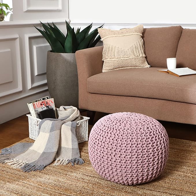 REDEARTH Round Pouf Ottoman - Hand Knitted Boho Poof Home Décor Pouffe Circular Footrest for Living Room - Bedroom - Lounge - 100% Cotton (19.5"x19.5"x14") - Pale Pink-Ruum Studio Home