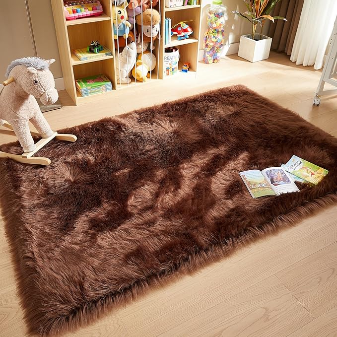 AMTOVO Faux Fur Sheepskin Rug for Living Room, 4 x 6 ft Coffee Fluffy Area Rug for Bedroom, Playroom, Luxury Room Decor, Rectangle-Ruum Studio Home