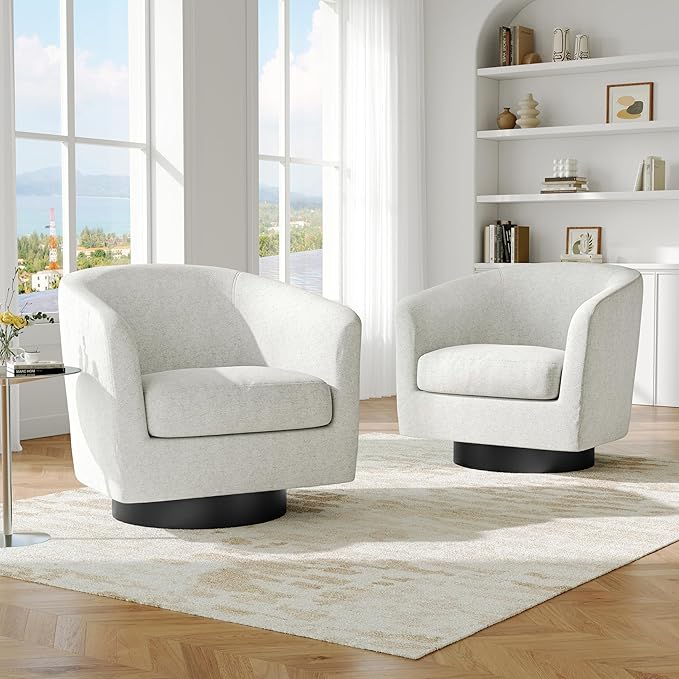 Swivel Barrel Accent Chair, Modern Round Chenille Fabric Arm Chair for Living Room, Bedroom, Comfy Club Reading Chairs for Adults（Chenille Fabric, Beige, Set of 1-Ruum Studio Home