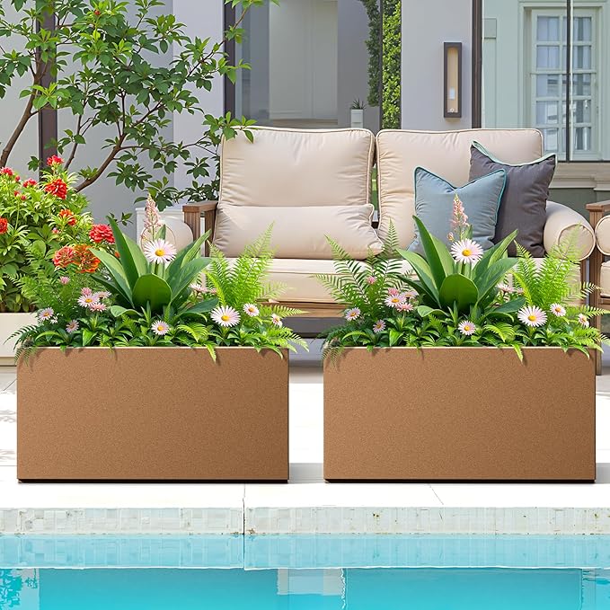 FENCY Metal Rectangular Planter Box, Large Planters for Outdoor Plants, Tall Planters for Outdoor Plants with Drainage Holes (32" L x 10" W x 16.3" H,Brown)-Ruum Studio Home