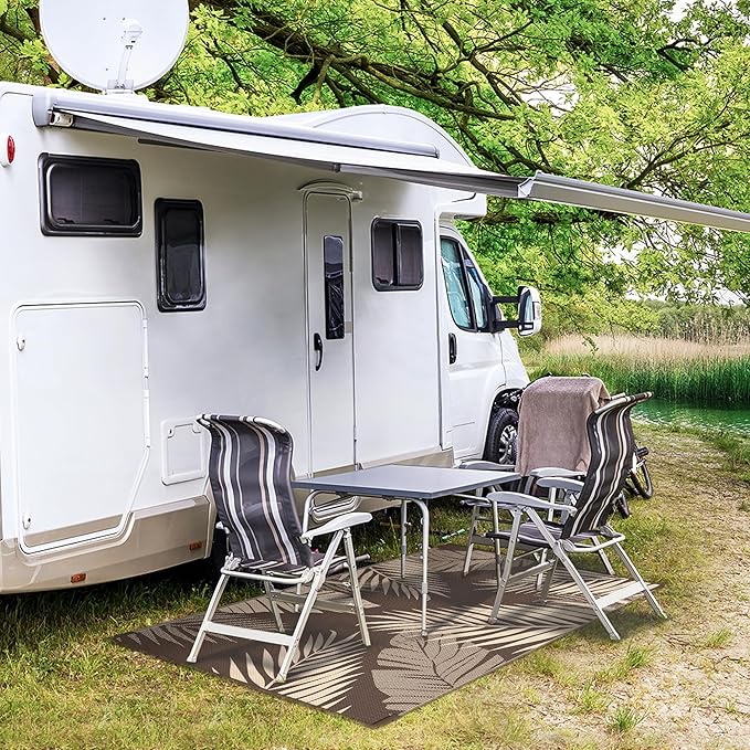 GENIMO Outdoor Rug 3' x 5' Waterproof for Patios Clearance, Reversible Outdoor Plastic Straw Camping Rug Carpet, Large Area Rugs Mats for RV, Camper, Deck, Balcony, Porch, Beach, Coffee&Beige-Ruum Studio Home