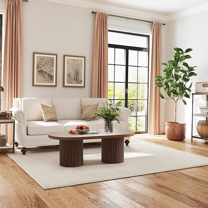 Oval Fluted Coffee Table, Farmhouse Wood Coffee Table Mid Century Modern Center Table Boho Living Room Tables for Living Room Office (Walnut, 19.69" D x 39.38" W x 13.78" H)-Ruum Studio Home