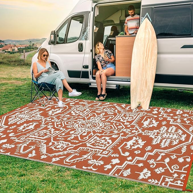 Outdoor Rug 9x12 Waterproof Reversible Plastic Straw Patio Rug, Stain-Resistant Vintage Medallion Carpet, Large Easy-Cleaning Indoor Outdoor RV Mat for Deck, Camping, Balcony, Terracotta Brick/White-Ruum Studio Home