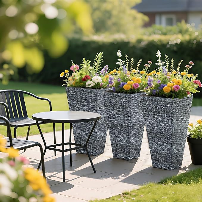 Outsunny Tall Planters for Outdoor Plants Set of 3, 24 in Taper Planters with Drainage Holes, Rattan Decor Plant Pots for Indoor Outdoor Front Porch Patio Backyard, Gray-Ruum Studio Home