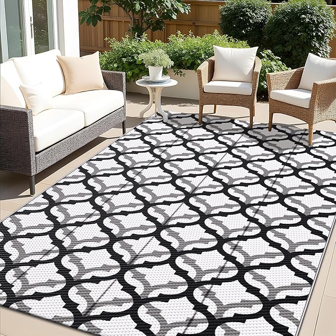 OLANLY Reversible Outdoor Rug 5x8 ft Clearance, Waterproof Outdoor Plastic Straw Rug with Interlacing Pattern, RV Mat for Patio, Camping, Balcony, Deck, Backyard, Black & White-Ruum Studio Home