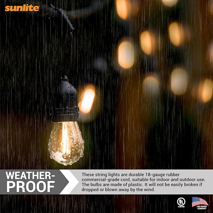 Sunlite 80571 24ft Outdoor String Lights, 1.5W Commercial Grade, Waterproof, Linkable Strands, UL Listed, 7 Hanging Sockets, Shatterproof LED Edison Bulbs Included, 2700K Warm White-Ruum Studio Home