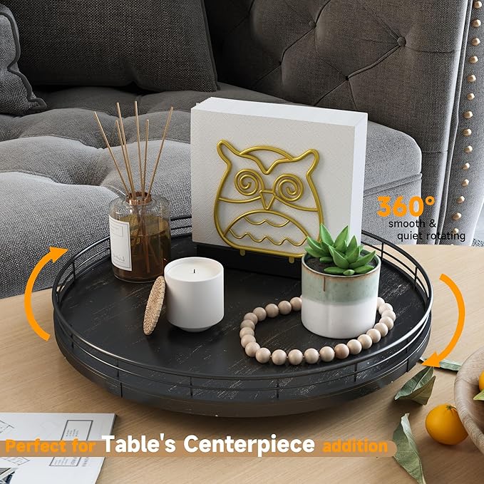 13" Oak Bathroom Vanity Tray Turntable for Perfume Candle, Round Wooden Decorative Tray for Kitchen Sink Countertop Organizer, Bathroom Counter Organizer for Skincare Makeup, Farmhouse Black Gold-Ruum Studio Home