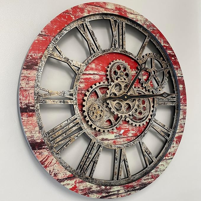The Gears Clock The Original Real Moving Gear Wall Clock Vintage Industrial Oversized Rustic Farmhouse (24 inch (60cm),Red Lava)-Ruum Studio Home