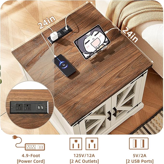 24" End Table with Charging Station, Farmhouse Night Stand with Glass Barn Door, White Nightstands with Adjustable Storage Shelf, Large Wood Square Bed Side Table for Living Room,Bedroom-Ruum Studio Home