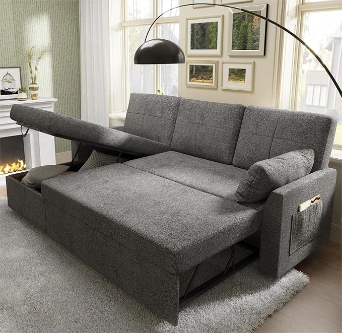 VanAcc Sleeper Sofa, Sofa Bed- 2 in 1 Pull Out Couch Bed with Storage Chaise, Sleeper Couch for Living Room, Grey Linen-Ruum Studio Home