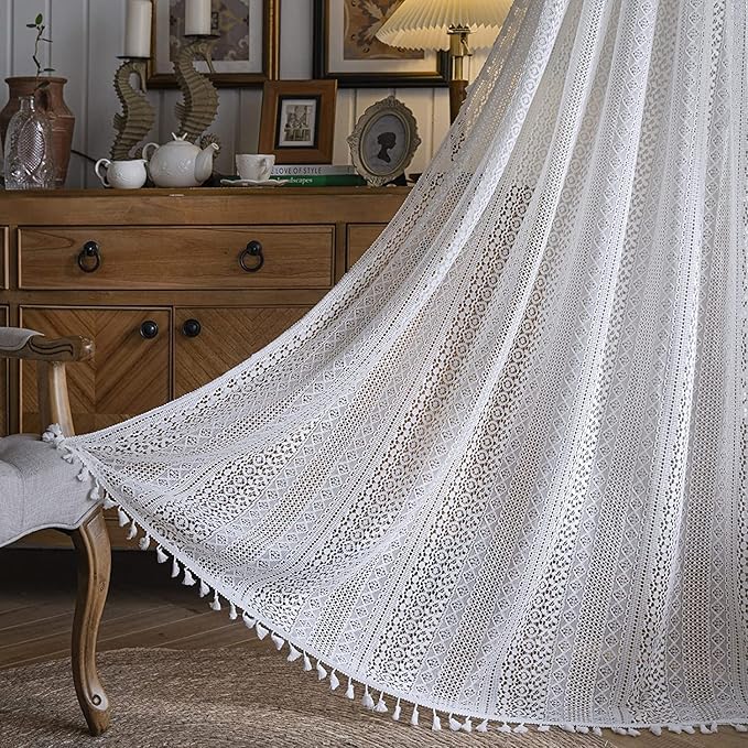 Sutuo Home White Crochet Boho Curtain 96 Inches Long, Sheer Lace Handmade Tassels Knitted Window Treatment Vintage Rustic Bohemian Farmhouse Drape for Bedroom Rod Pocket 1 Panel 59" W x 96" L-Ruum Studio Home
