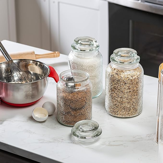 Le'raze Food Storage Containers with Airtight Lids - Retro Design - Pantry Organization, Glass Canisters Storage for Cookies, Tea, Sugar, Candy Jars, Sugar Packet, Set of 3-Ruum Studio Home