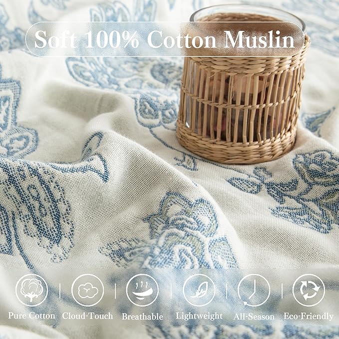Boho Throw Blanket Twin Size, Soft Cozy Cotton Muslin Quilt Blanket for Bed Decor, Floral Patterned Couch Sofa Chair Cover, Vintage Farmhouse Cottage Tapestry Woven Blanket, Blue and White-Ruum Studio Home
