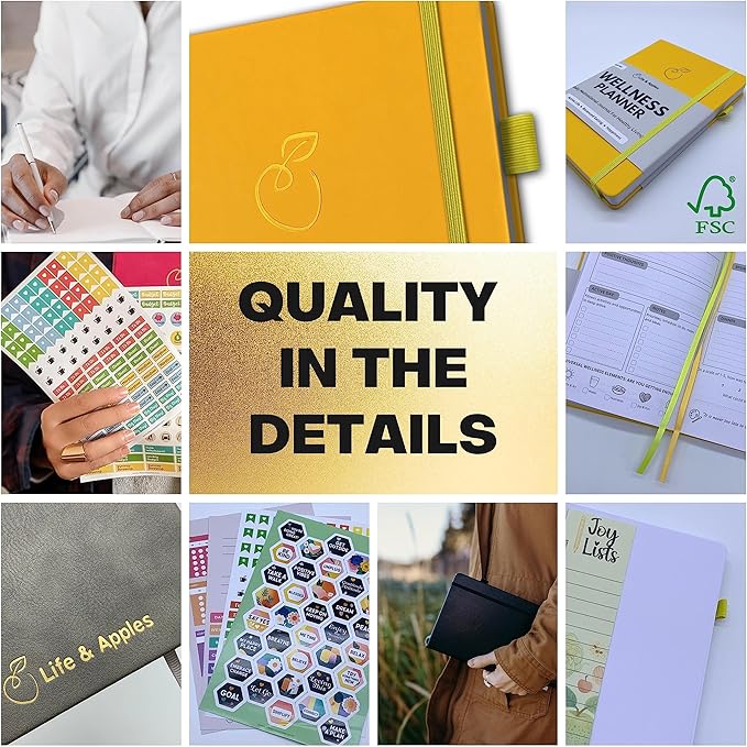 Life & Apples Wellness Journal Planner – Food Log, Fitness Tracker, Habit Tracker, Weight Loss Journal for Diet Tracking and Health Goals, Undated, Size A5 Yellow-Ruum Studio Home