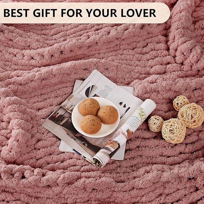 L'AGRATY Chunky Knit Blanket Throw: 80''x90'' Chenille Chunky Knitted Throw Blanket for Bed Couch - Handmade Thick Big Cable Knit Blanket - Large Chunky Crochet Blanket for Home Decor(Rose Pink)-Ruum Studio Home