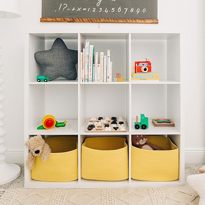 OrganiHaus Yellow Basket for Shelves, Decorative Cloth for Organizing, Cotton Rope Storage Basket for Toys, Small Woven Baskets for Storage-Ruum Studio Home