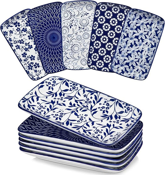 vancasso Selene 9.5 Inch Rectangular Dinner Plates Set of 6, Ceramic Salad Plates for Dessert, Appetizer, Porcelain Serving Platters for Entertaining, Microwave & Oven Safe, Vintage Blue & White Color-Ruum Studio Home