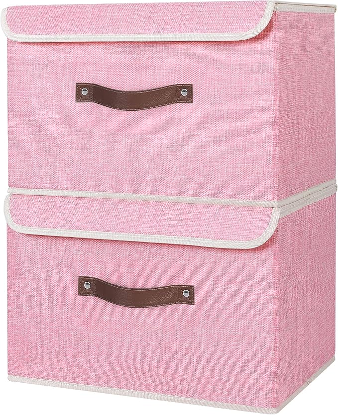 ANMINY 2PCS Storage Bins with Lid PU Leather Handles Storage Boxes PP Plastic Board Decorative Foldable Lidded Cotton Linen Fabric Home Cubes Baskets Closet Organizer Containers - Pink, Large Size-Ruum Studio Home