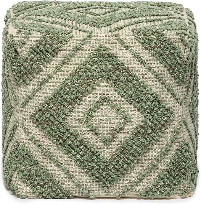 REDEARTH · Tufted Pouf Ottoman with Filler Textured Storage Cube Bean Bag Pouffe Footrest for Living Room, Bedroom, Nursery, Kidsroom; 100% Cotton (17.5"X17.5"X17.5", Solitaire Lozenge Kiwi)-Ruum Studio Home