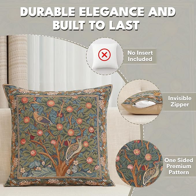 Charlotte Home Furnishings Decorative Tapestry Pillow Cover 19x19 in, Green Woodpecker Couch Pillow Cover, French Country Square Cushion Cases for Living Room Home Decor, Soft Cotton Jacquard Woven-Ruum Studio Home