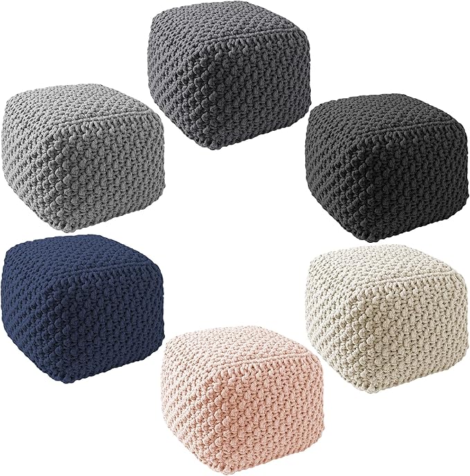 Casafield Square Pouf Ottoman, Navy Blue 18.5" W x 18.5" D x 14.5" H Cotton Knit Foot Stool - Boho Floor Pouffe for Living Room, Bedroom, Home Office-Ruum Studio Home
