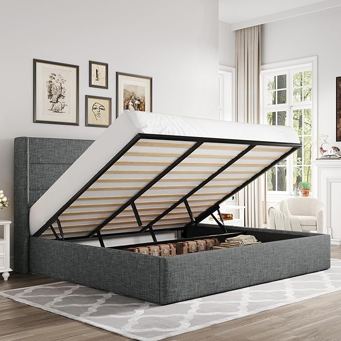 Allewie King Size Lift Up Storage Bed, Modern Wingback Headboard, Hydraulic Support, No Box Spring Needed, Dark Grey-Ruum Studio Home