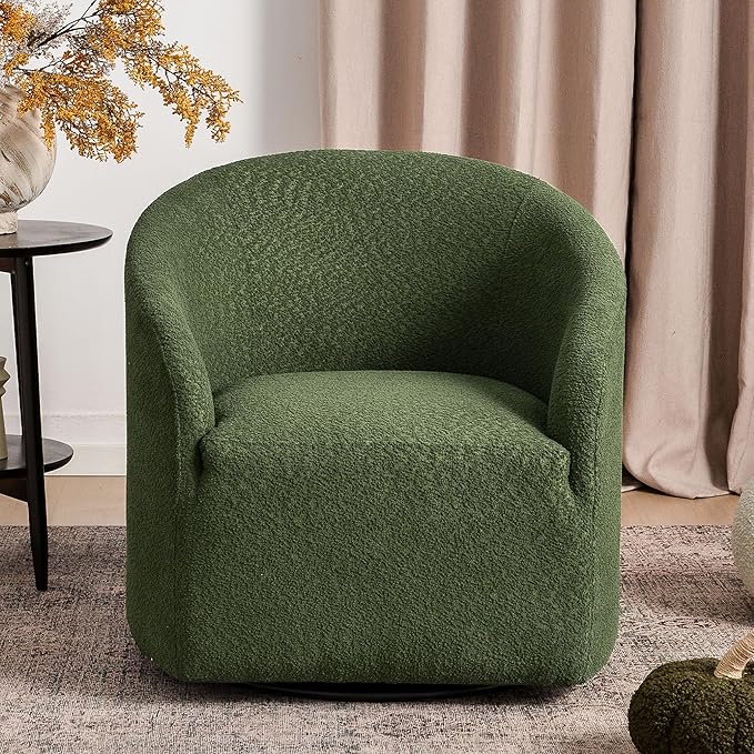 KINWELL 32" Wide Modern Boucle Swivel Barrel Chair, No Assembly Round Upholstered Swivel Accent Armchair for Living Room, Bedroom, Office (Green)-Ruum Studio Home