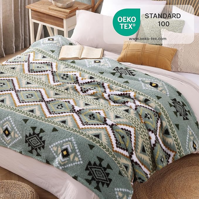 CASAAGUSTO Boho Sherpa Throw Blanket, Aztec King Size Blanket, Ultra Soft, Warm, Cozy, Plush, Thick Fleece Bohemian Throw Blanket for Couch, Bed, Sofa (Olive Green 108 * 90 Inch)-Ruum Studio Home